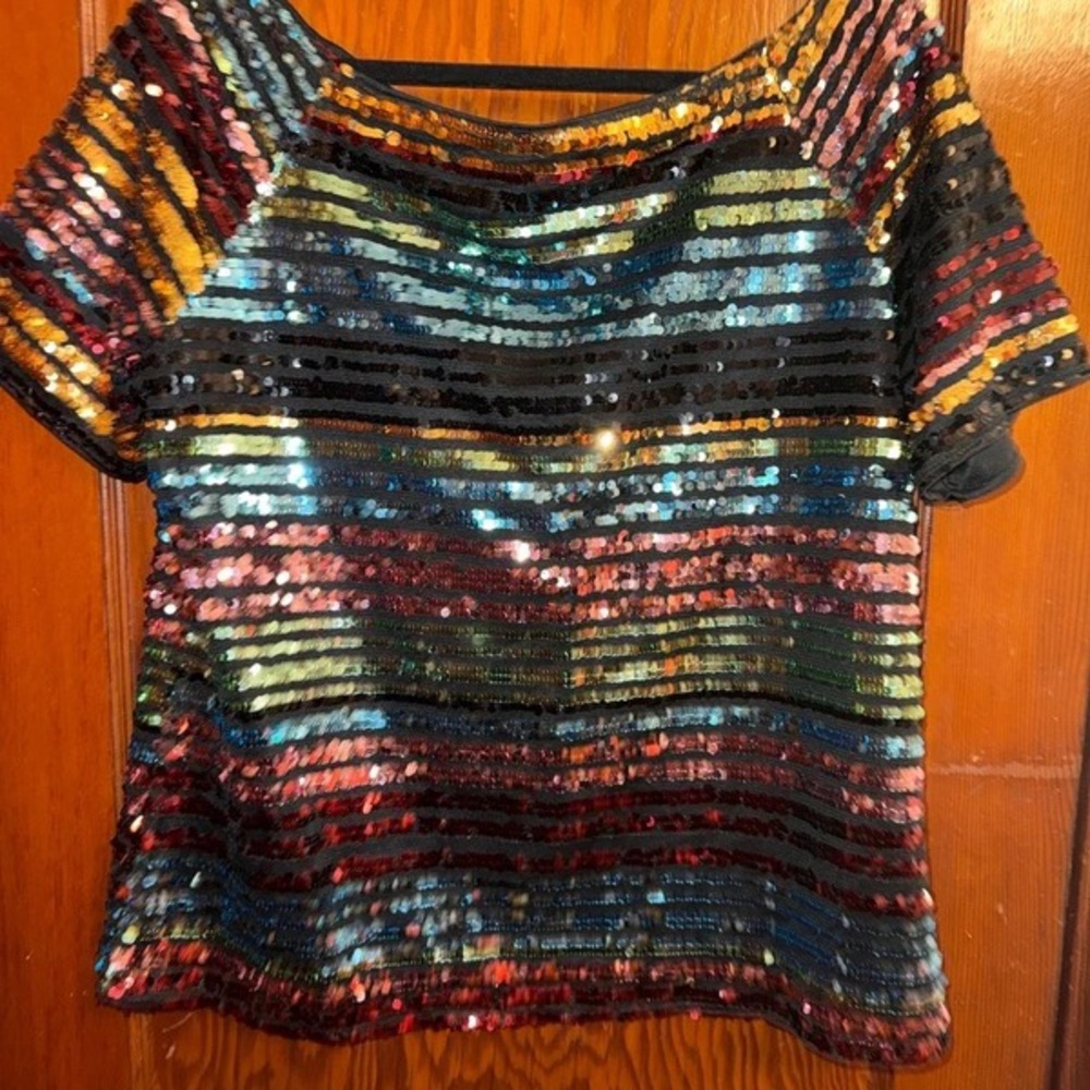 New York & Company Multicolor Sequin Striped Short Sleeve Top - Picture 2 of 4